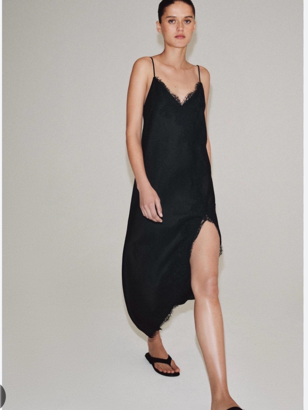 Zara Black Lace-Trim Slip Dress with Side Slit
